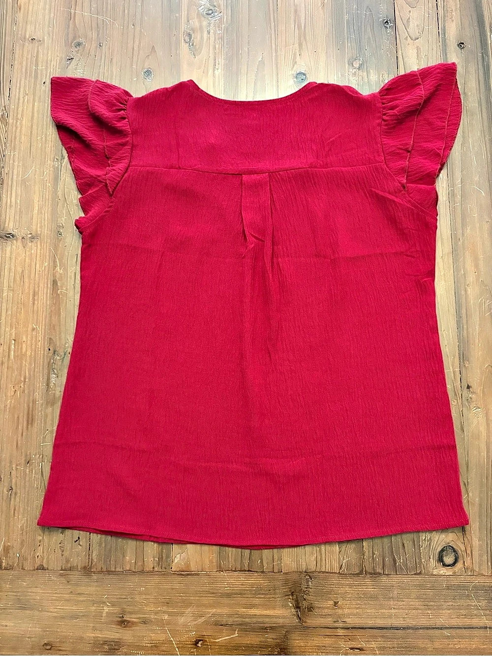 Bebonnie Crimson Red Crinkle Pleated V-Neck Flutter Sleeve Blouse L - Picture 2 of 5